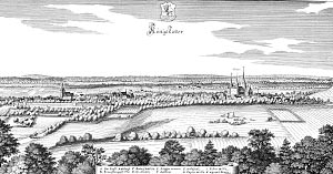 Merian-Kupferstich von Königslutter 1654: Links Stadtkirche und  Stadt, rechts Kaiserdom